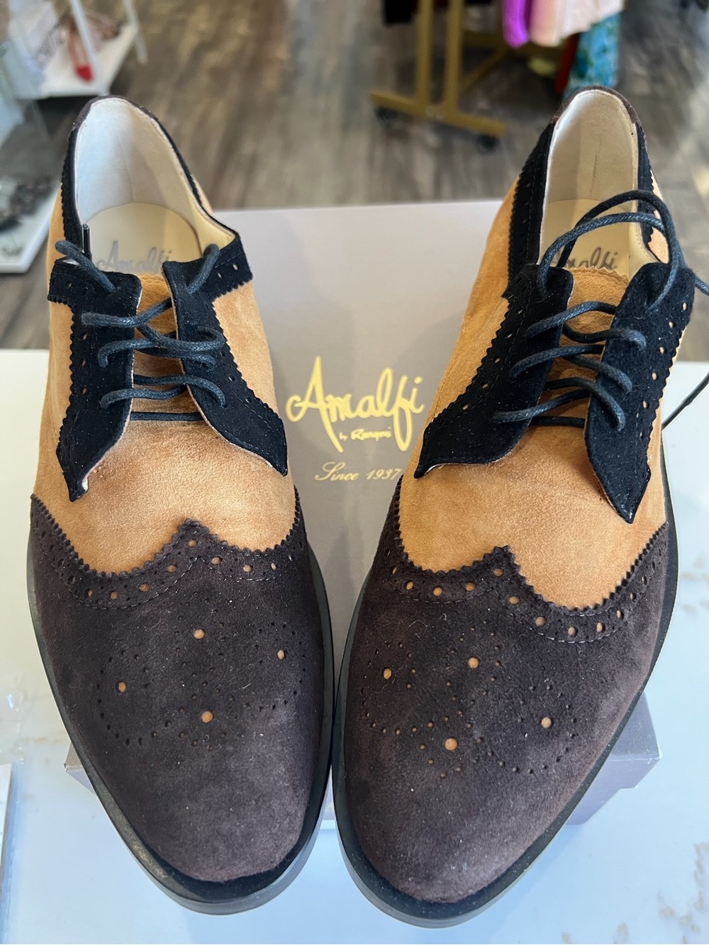 Amalfi Two-Tone Suede Brogue Oxfords in Dark Brown & Tan new in box